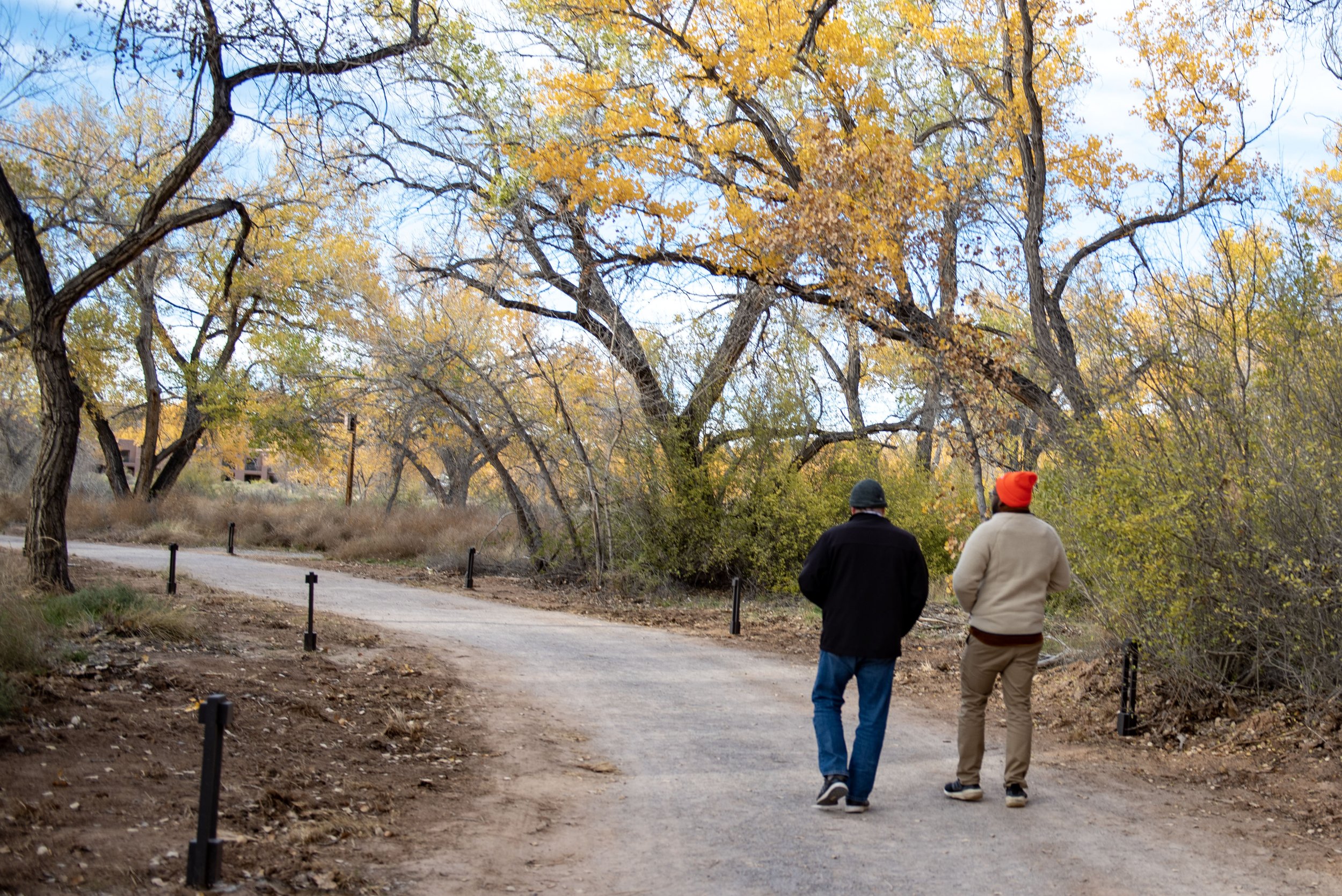 Two men walking down a path with trees together