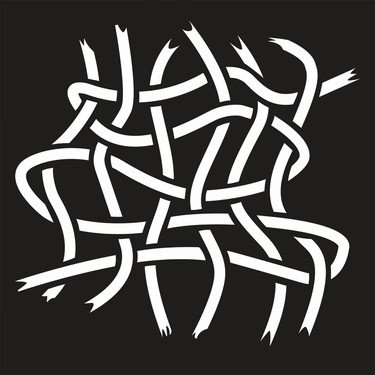 Abstract black and white illustration of intertwined, unraveled shoelaces or cords.