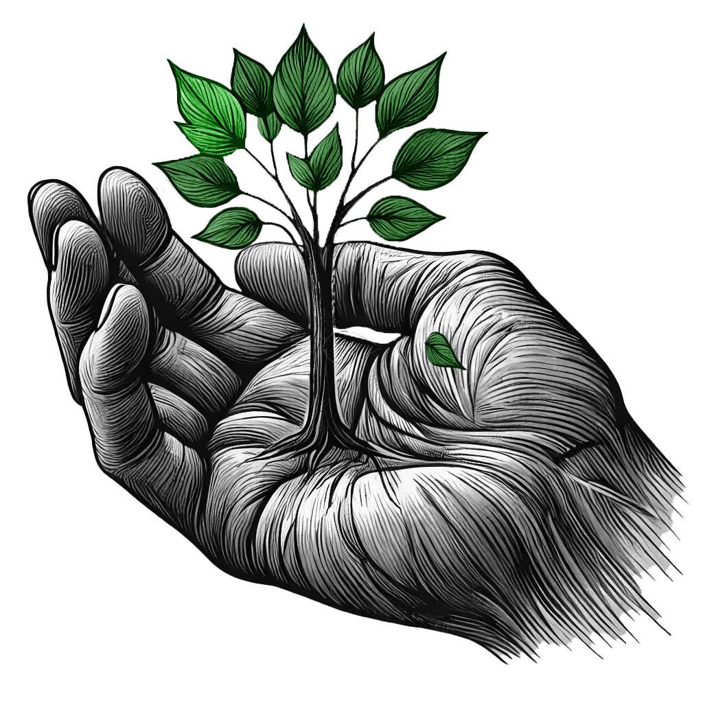 A black and white drawing of a hand holding a small tree with green leaves.